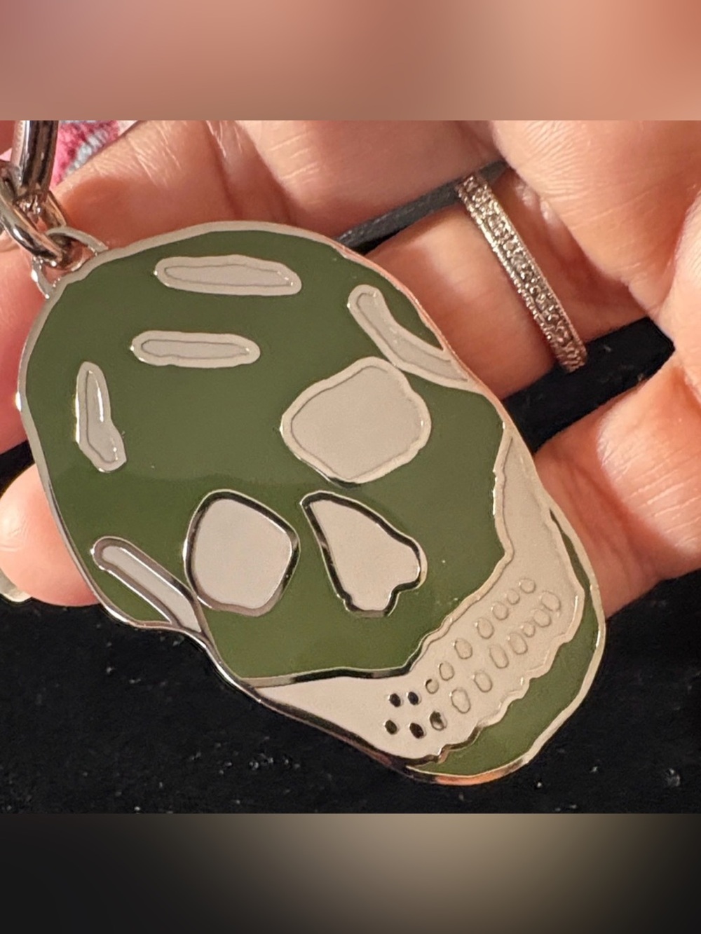 Alexander McQueen Green and Silver Skull Keyring EUC
